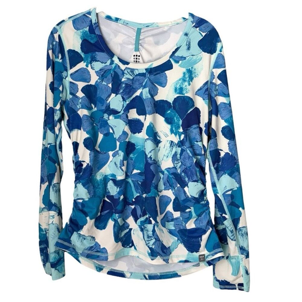 Title Nine Floral Shirt Size Medium Blue & White Ruched Sides Long Sleeve